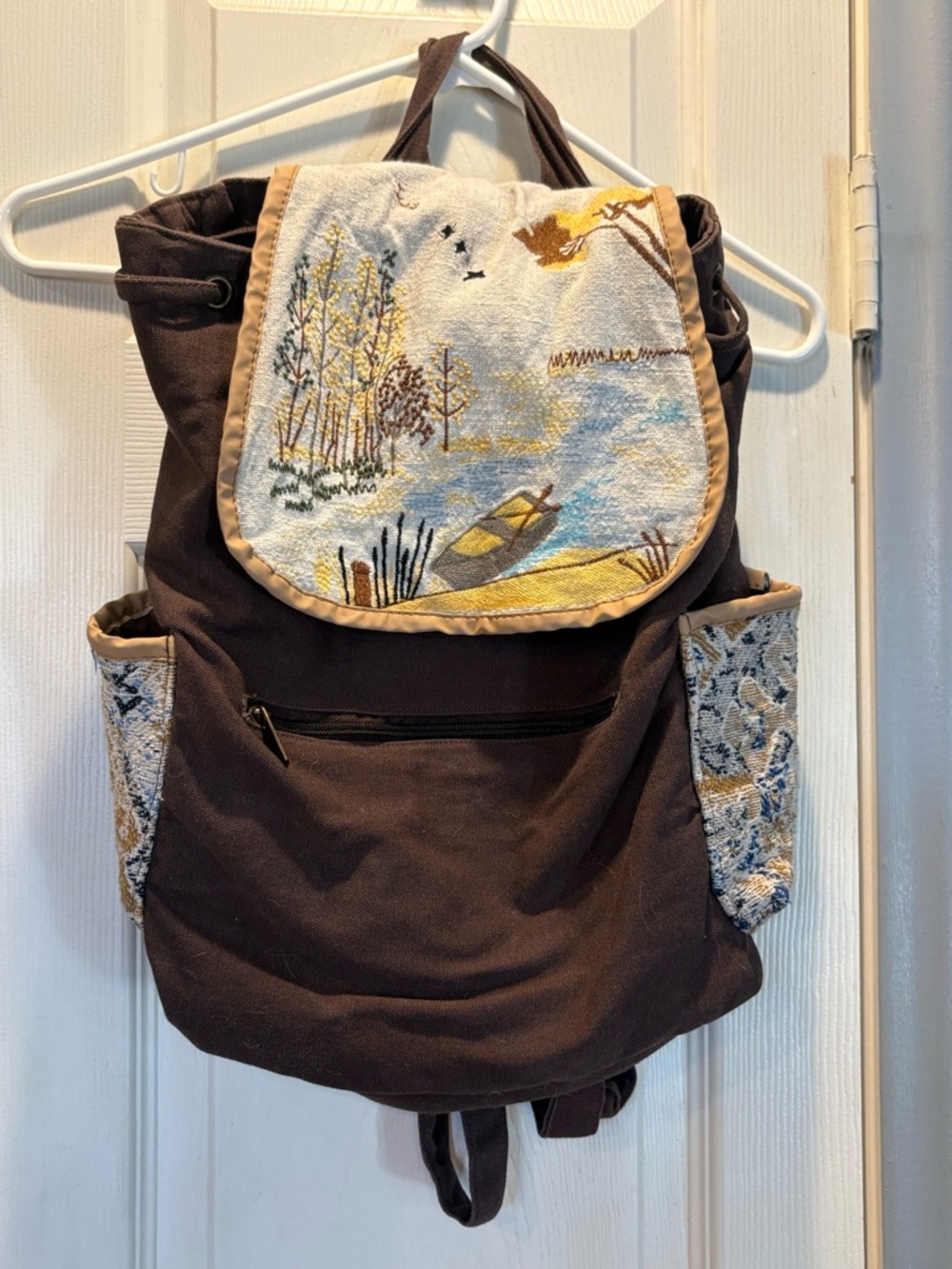 Brown Canvas Backpack with Scenic Embroidered Flap